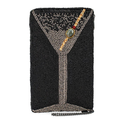 Beaded clutch with martini glass design, adorned with decorative stone.