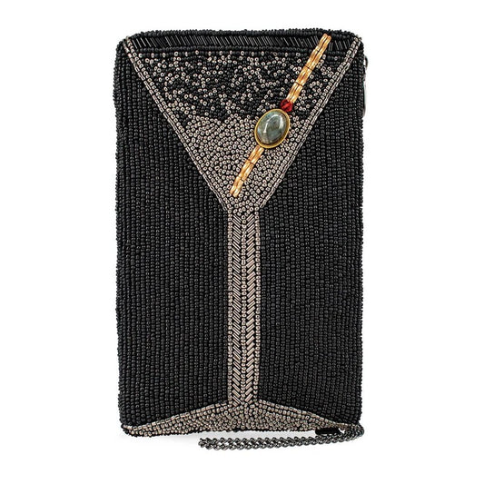 Beaded clutch with martini glass design, adorned with decorative stone.