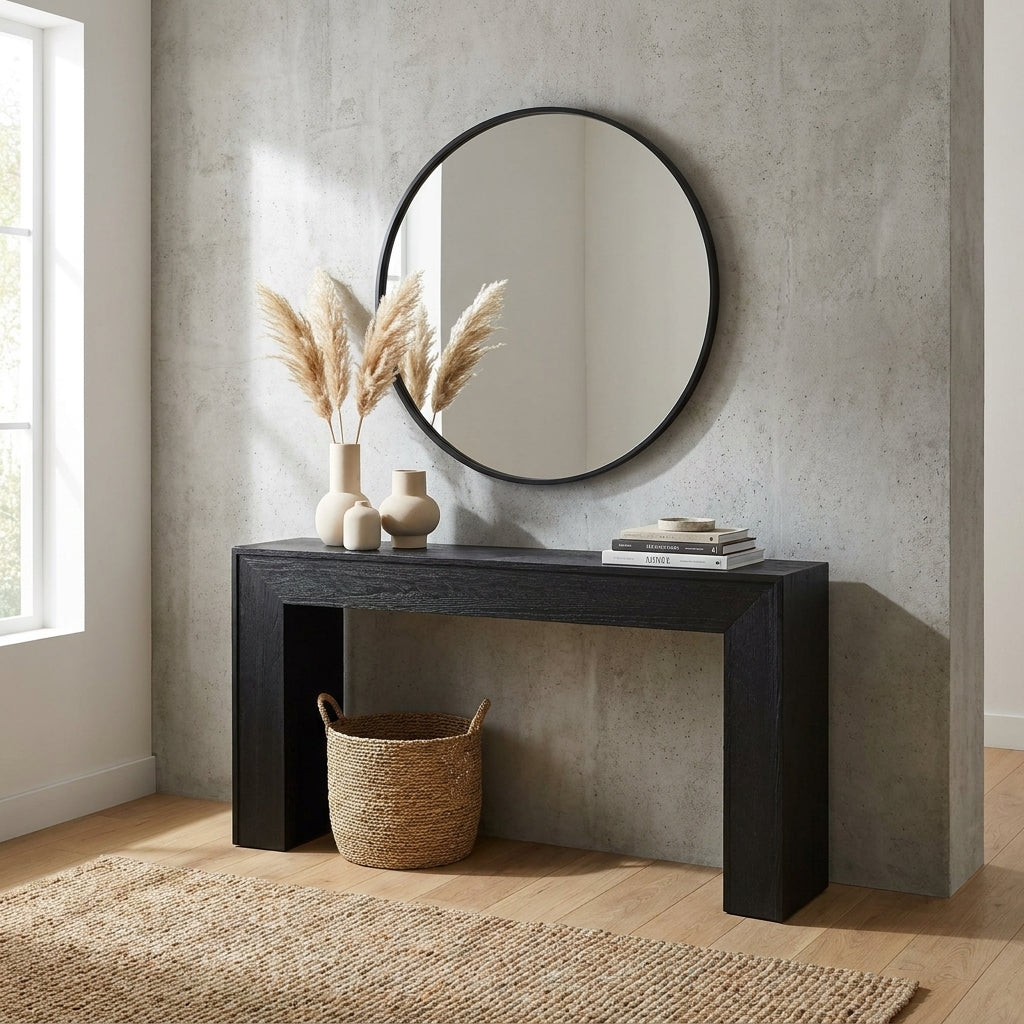 Sleek black wooden console table with minimalist design.