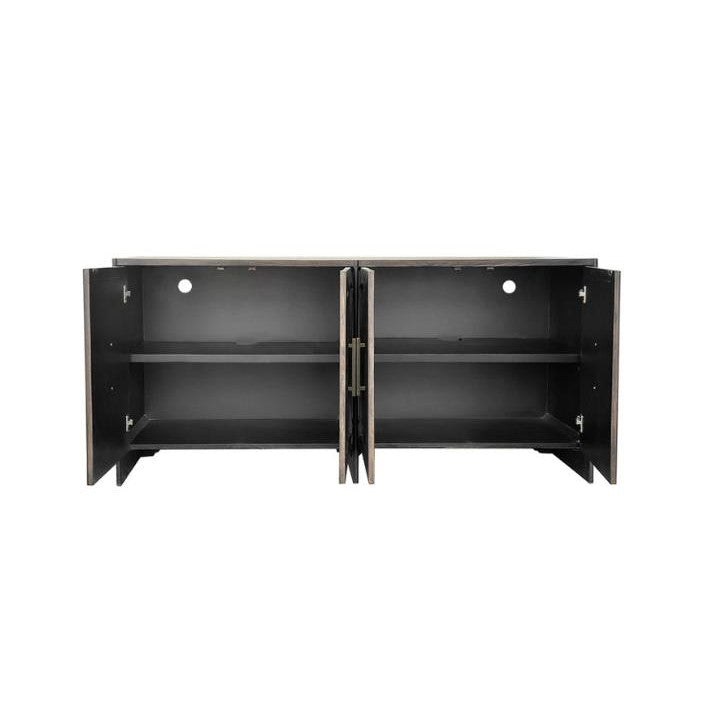 Open black cabinet with four doors and shelves inside.