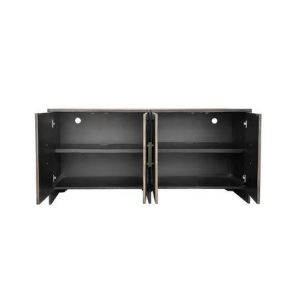 Open black cabinet with four doors and shelves inside.