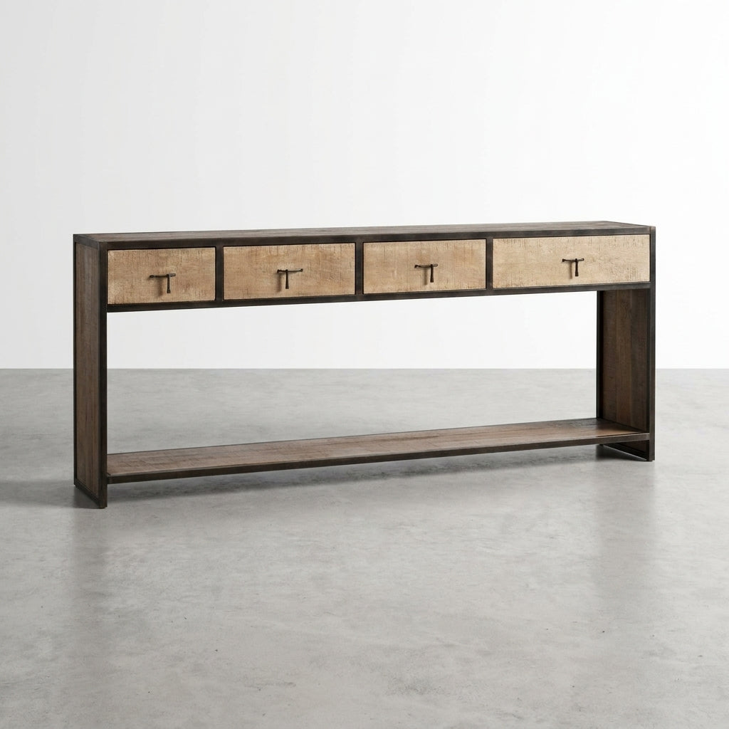 Industrial-style console table with 4 drawers and a lower shelf.