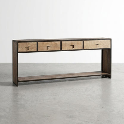 Industrial-style console table with 4 drawers and a lower shelf.