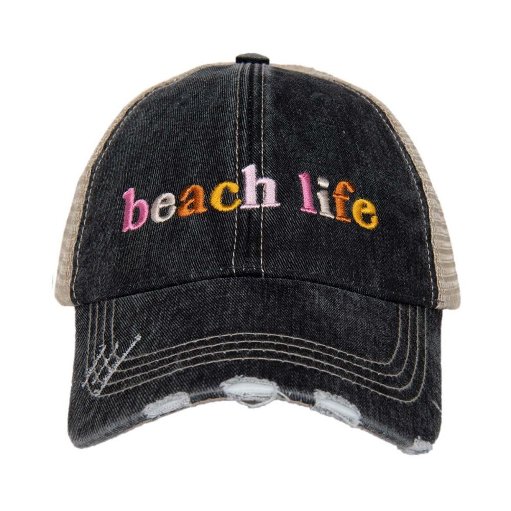 Black cap with "beach life" embroidered in colorful letters.