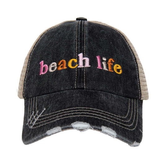 Black cap with "beach life" embroidered in colorful letters.