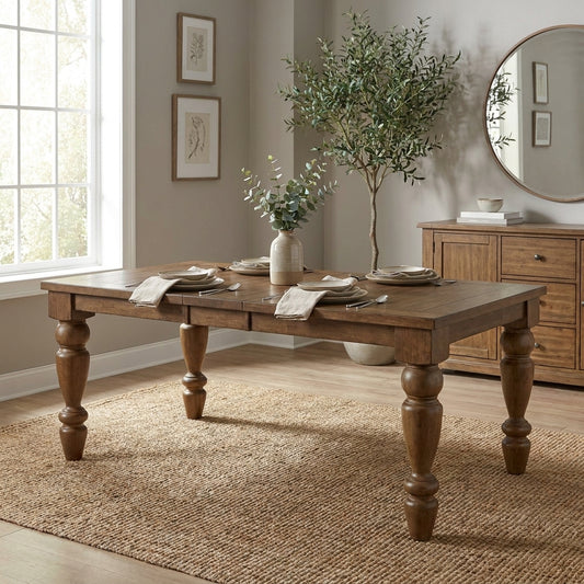 Wooden dining table with elegant place settings in a cozy, light-filled room.