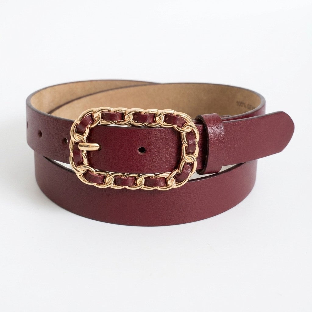 Maroon belt with gold chain buckle on a white background.