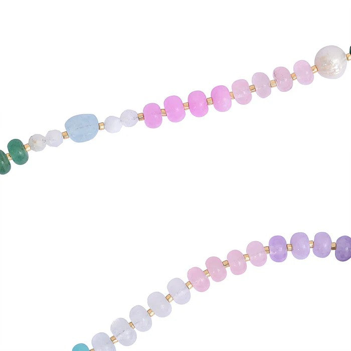 Colorful gemstone beaded necklaces on white background.