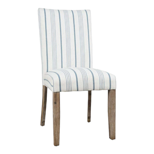 Striped chair with wooden legs, white and blue fabric.