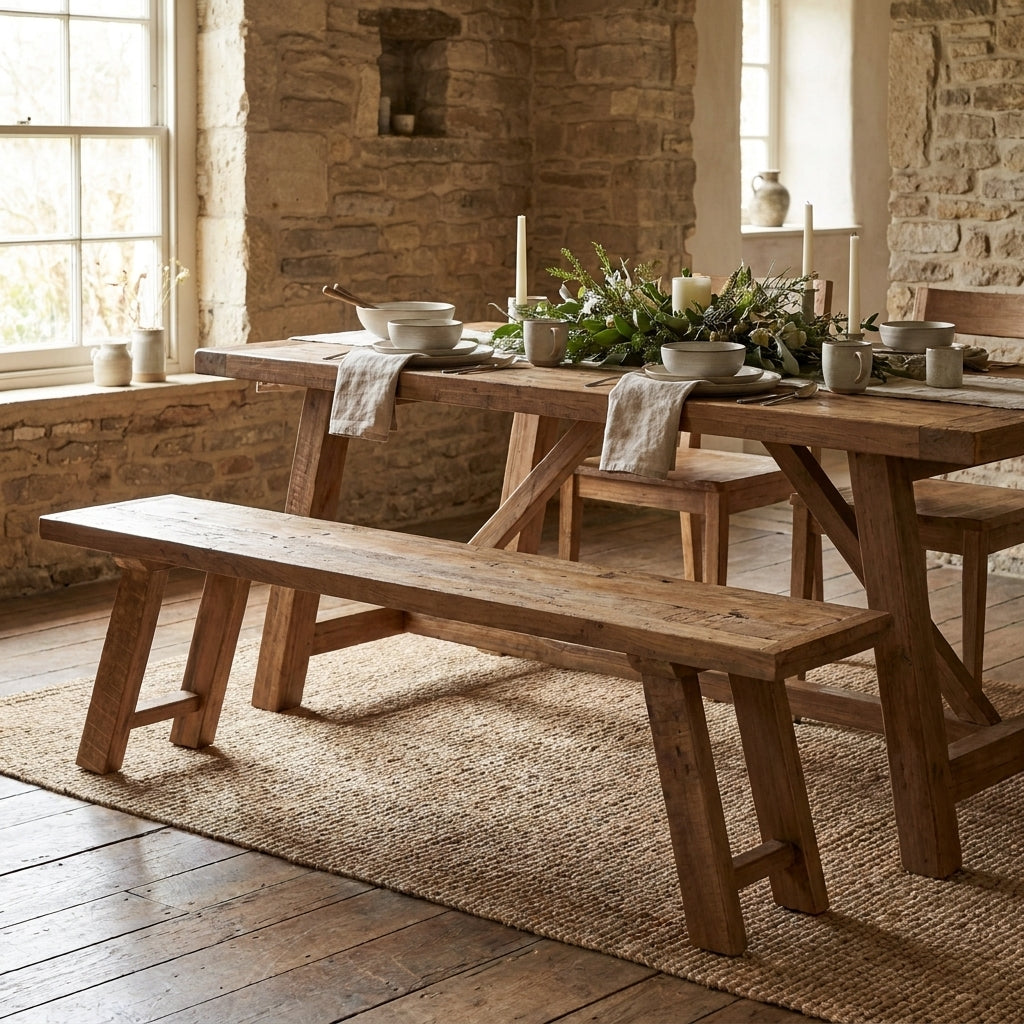 Rustic dining room with a wooden table, bench, and stone walls.