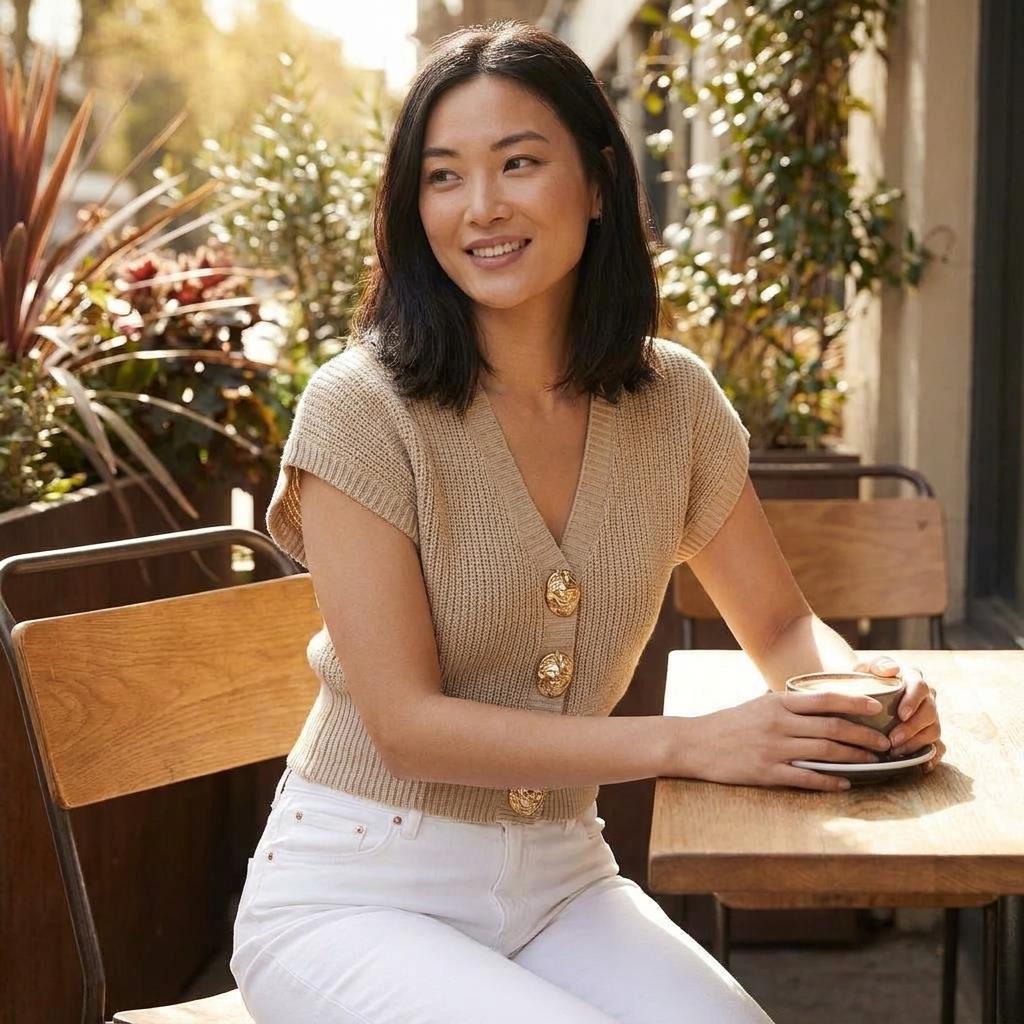 Person sitting at a café table, holding a cup, smiling in soft sunlight.