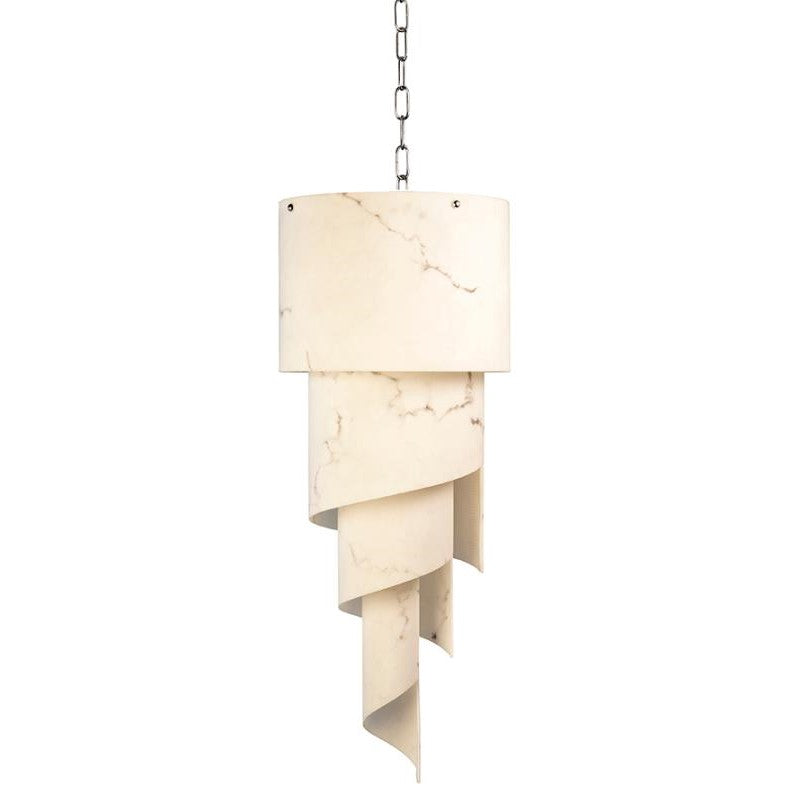 Spiral chandelier with marble-like finish hanging from a chain.