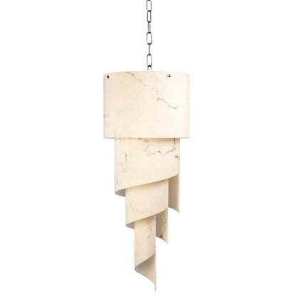 Spiral chandelier with marble-like finish hanging from a chain.