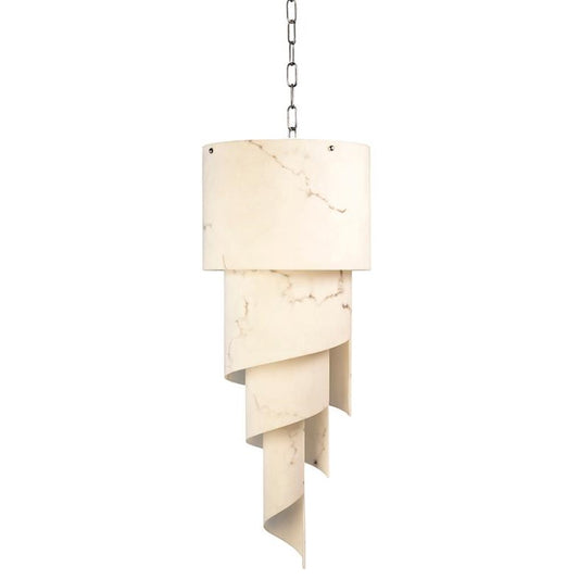 Spiral chandelier with marble-like finish hanging from a chain.