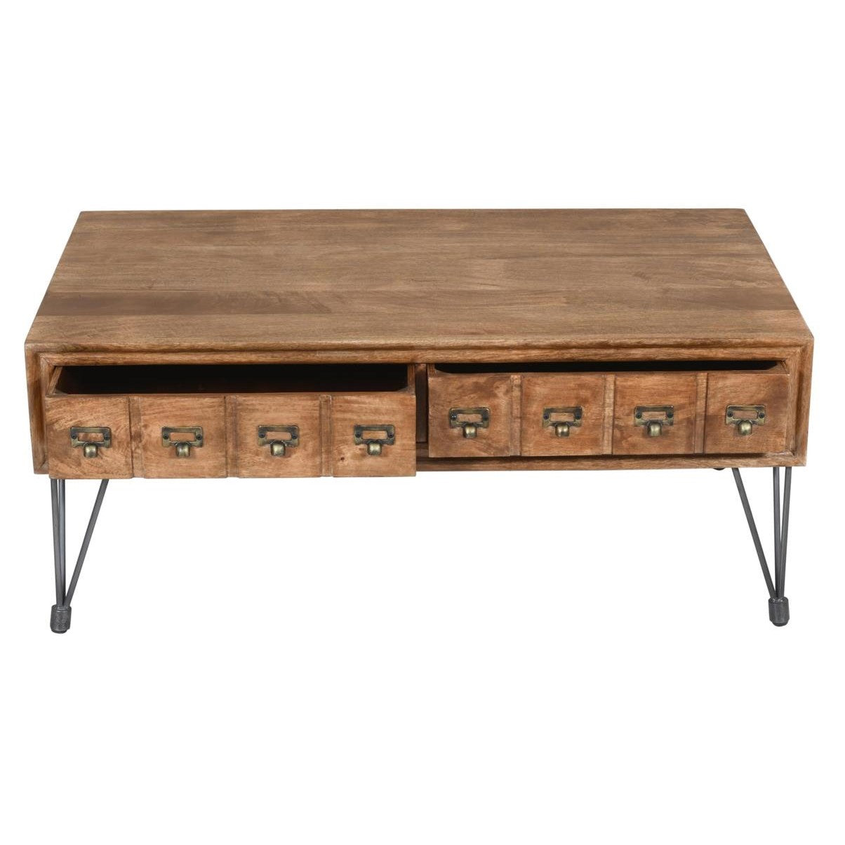 Wooden coffee table with metal legs and multiple small drawers.