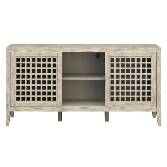 Wooden sideboard with lattice doors and open shelves in the center.