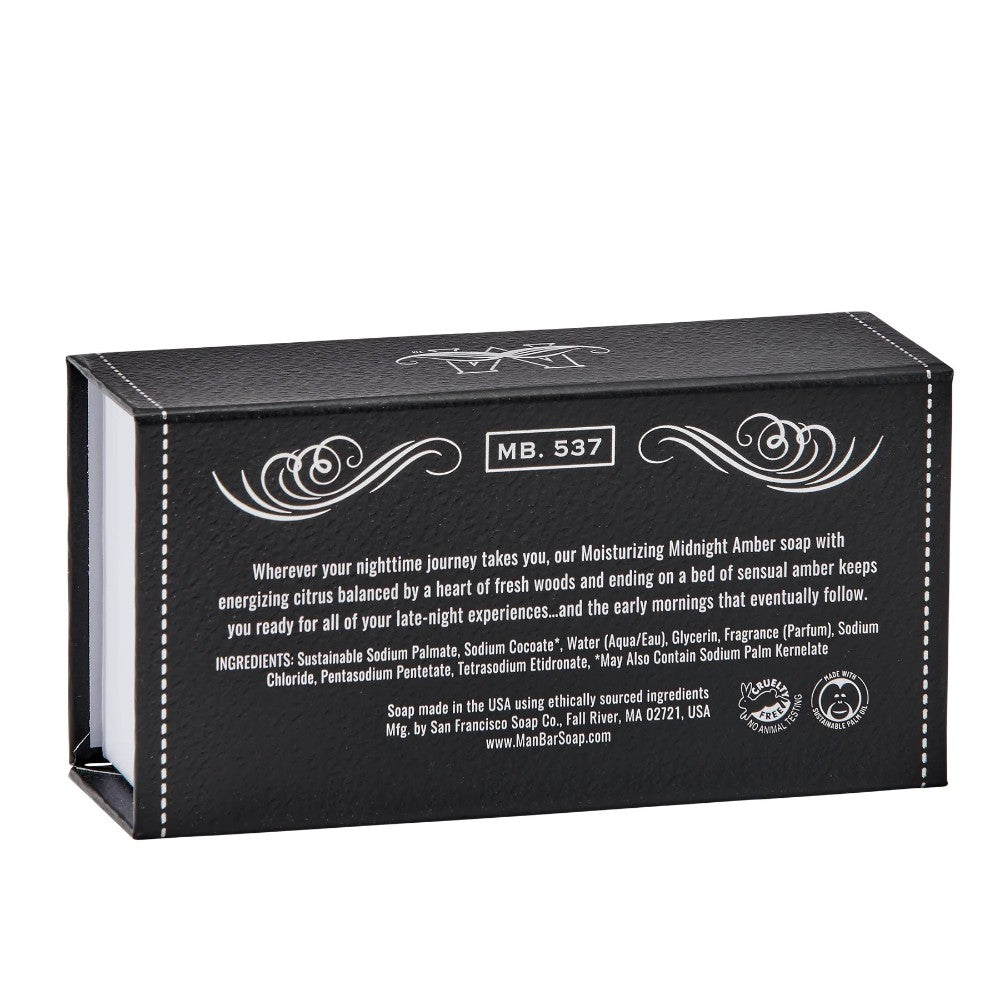 Black soap box with white text and elegant designs, labeled "MB. 537".