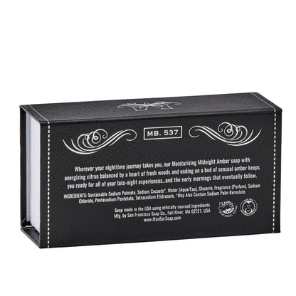 Black soap box with white text and elegant designs, labeled "MB. 537".