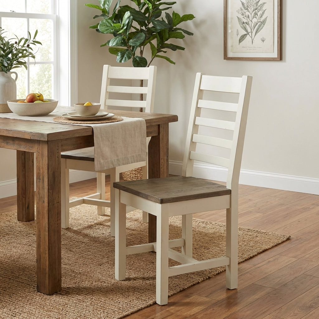 White wooden chair with a slatted back and dark wood seat.