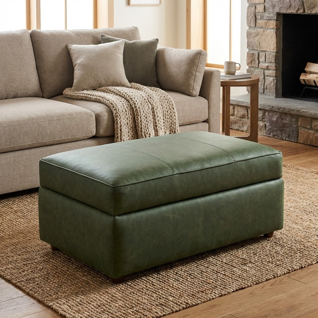 Cozy living room with a green ottoman and beige sofa by the fireplace.
