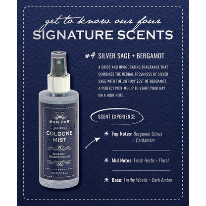 Cologne mist bottle with silver sage and bergamot scent details.