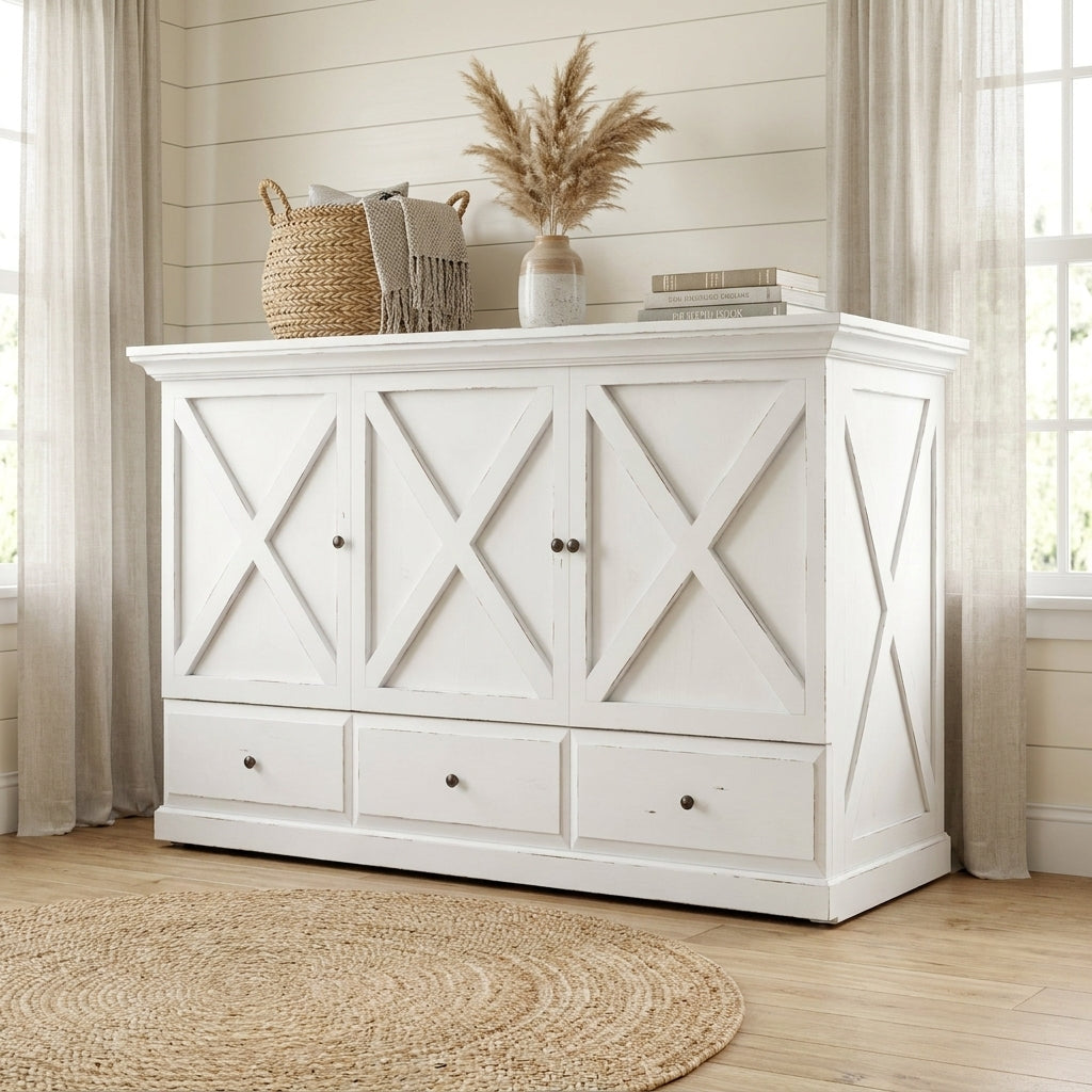 White cabinet with basket and vase, in a bright room.