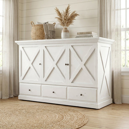 White cabinet with basket and vase, in a bright room.
