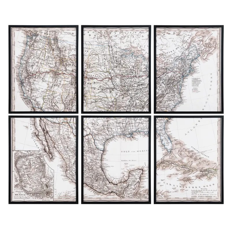 Six framed vintage map prints of North America and the Caribbean.