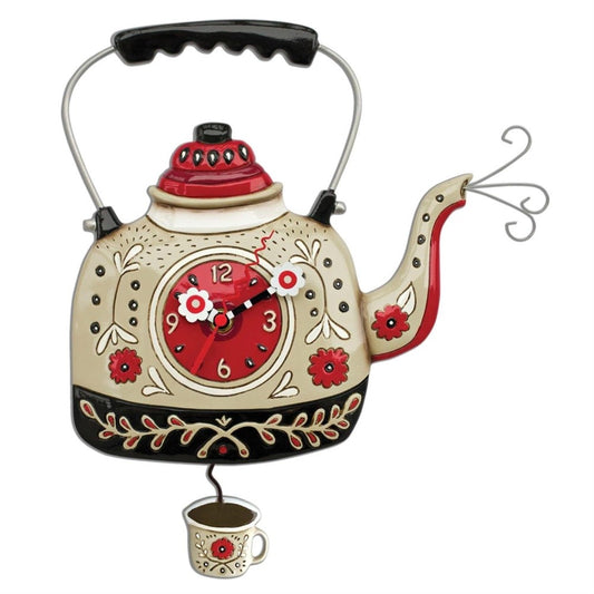 Teapot-shaped wall clock with floral design and cup pendulum.