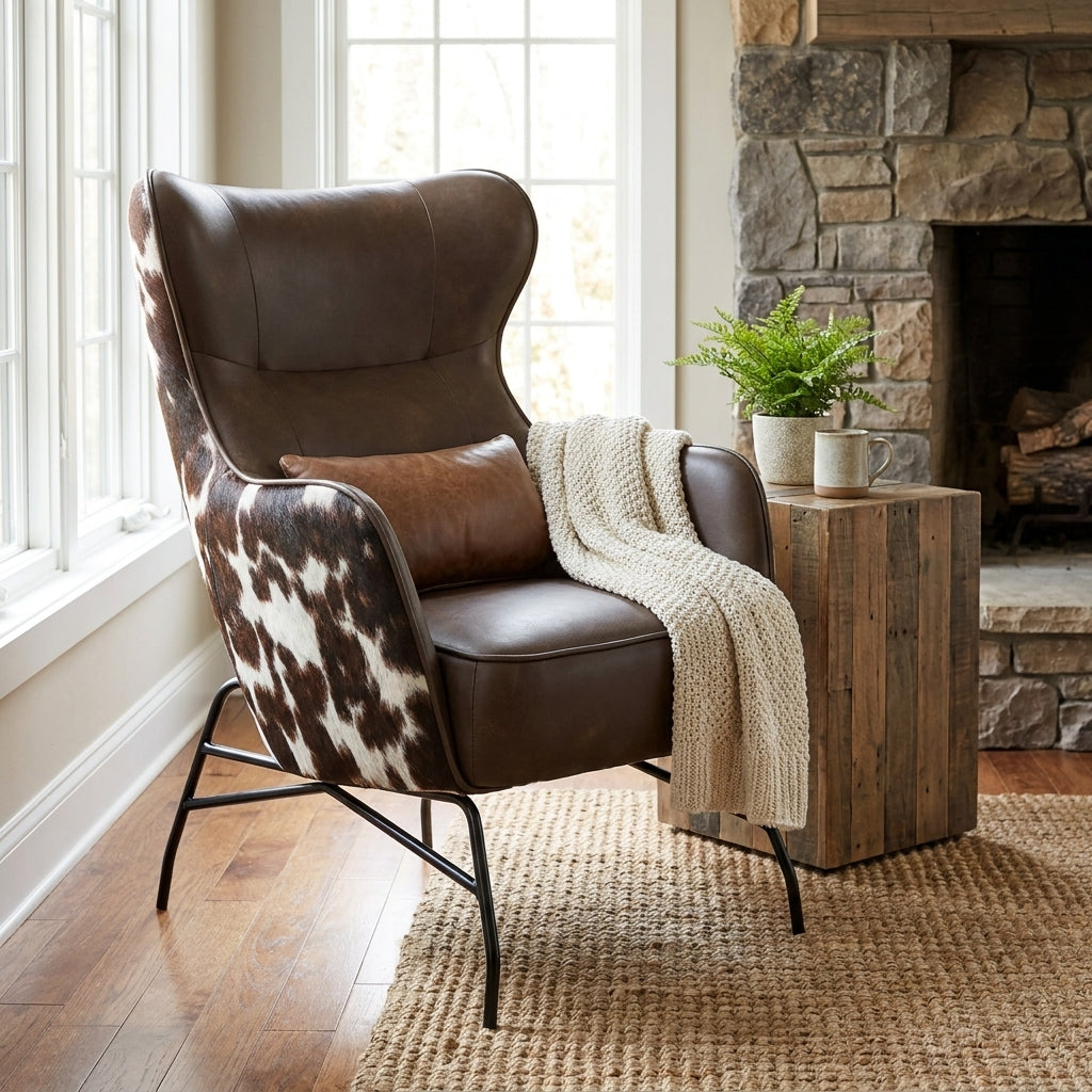 Modern brown leather armchair with cowhide pattern on wings.