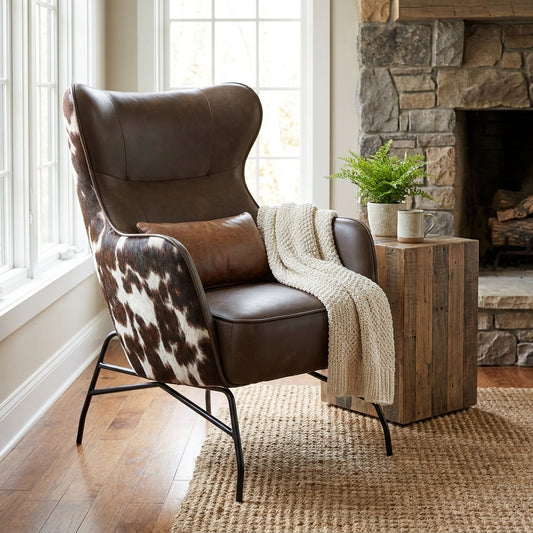 Modern brown leather armchair with cowhide pattern on wings.
