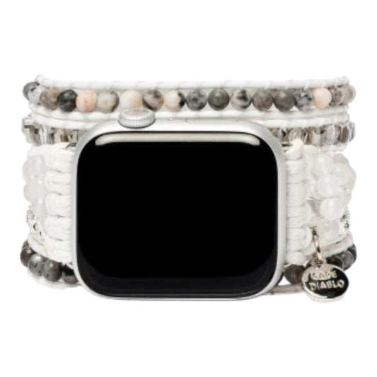 Smartwatch with a beaded multicolored strap.