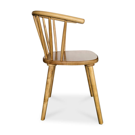 Minimalist wooden chair with spindle backrest and rounded seat.