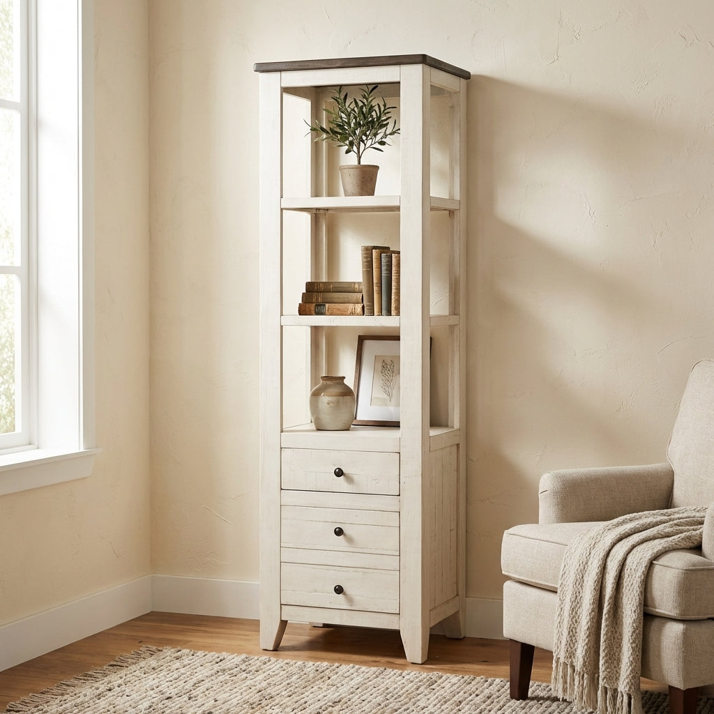 Tall white shelving unit with three drawers and open shelves.