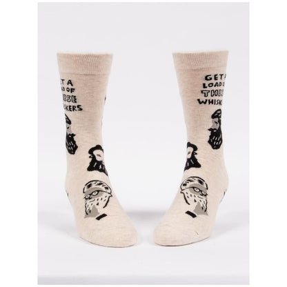 Beige socks with bearded faces and "Get a load of these whiskers" text.