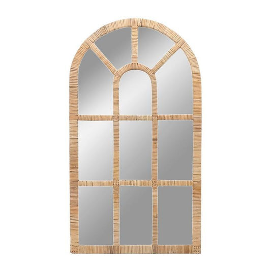 Arched mirror with a woven wooden frame and grid design.