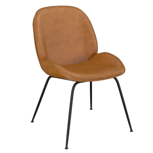 Brown leather chair with black metal legs.