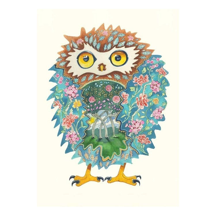 Colorful owl illustration with floral patterns and intricate details.