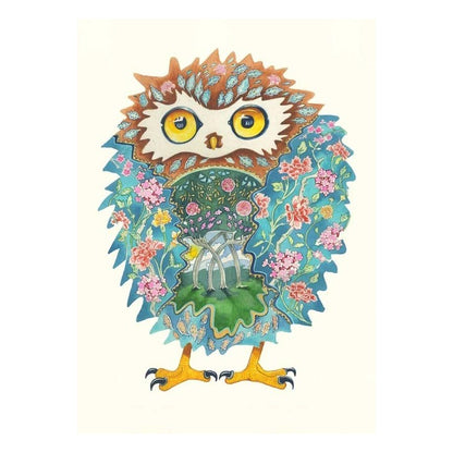 Colorful owl illustration with floral patterns and intricate details.