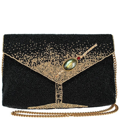Elegant black clutch with gold bead design and a chain strap.