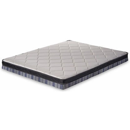 Quilted mattress with modern design, white top, black sides, and patterned base.