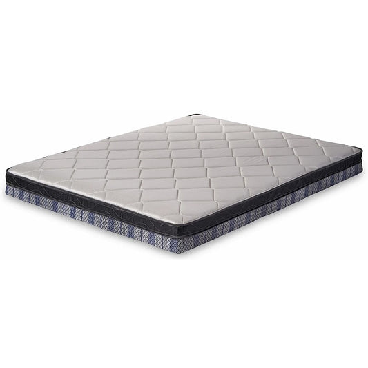 Quilted mattress with modern design, white top, black sides, and patterned base.