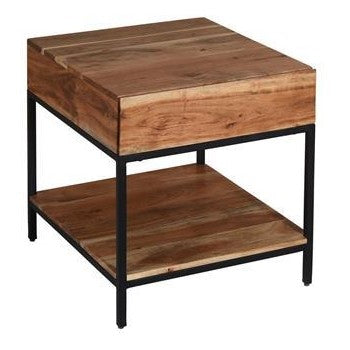 Wooden square table with metal frame and lower shelf.