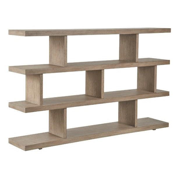 A minimalist wooden shelving unit with staggered shelves and vertical supports.