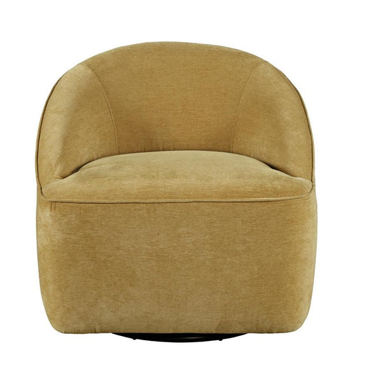 Mustard-colored, modern, rounded armchair with a velvet texture.