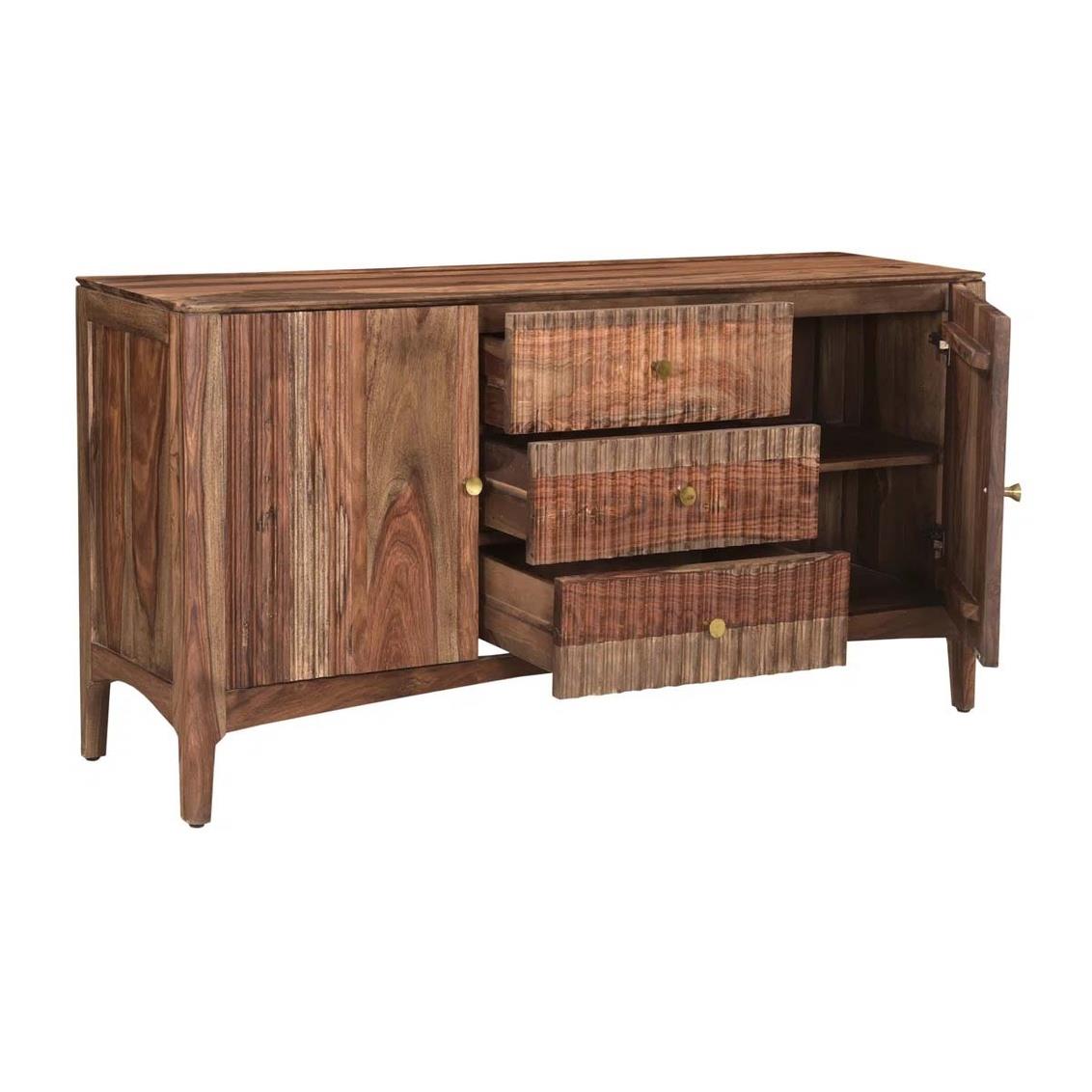 Wooden sideboard with open drawers and cabinets.