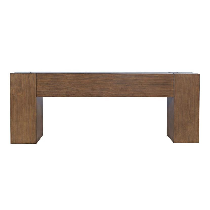 Wooden rectangular table, minimalist design, with thick legs and a solid top.