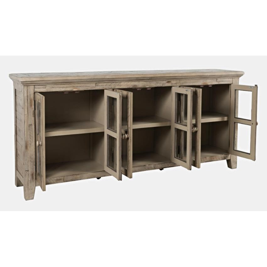 Rustic wooden sideboard with open glass-paned doors and shelves.