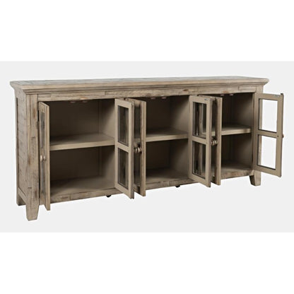 Rustic wooden sideboard with open glass-paned doors and shelves.