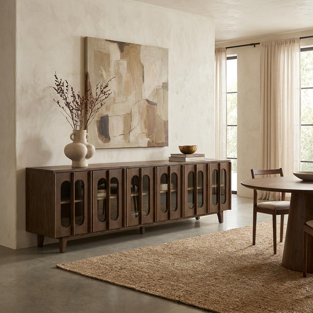 A warm, minimalist dining room with a dark wood sideboard, abstract art, and natural textures.